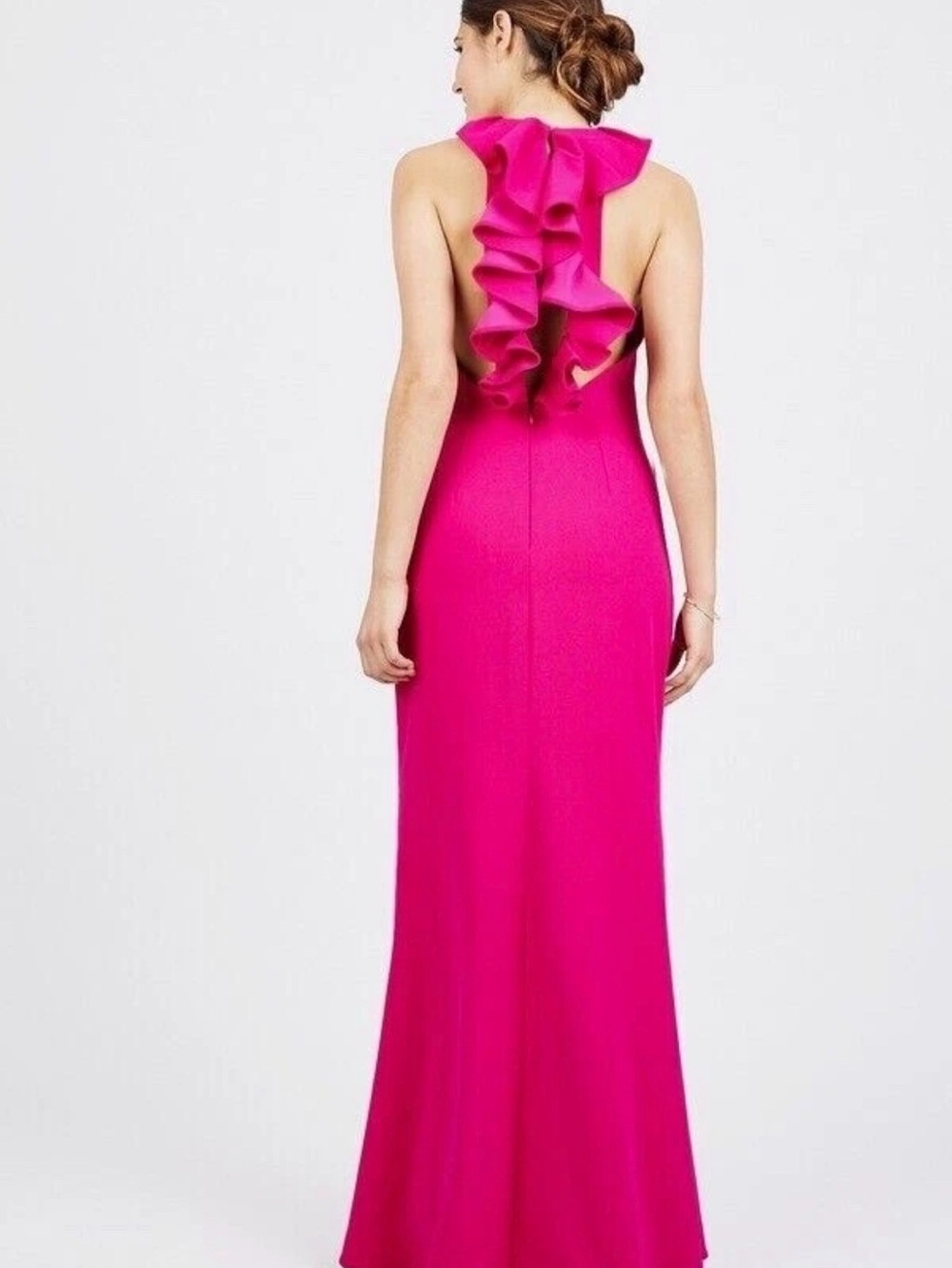 Badgley Mischka Fuschia Ruffled-Back Maxi Dress